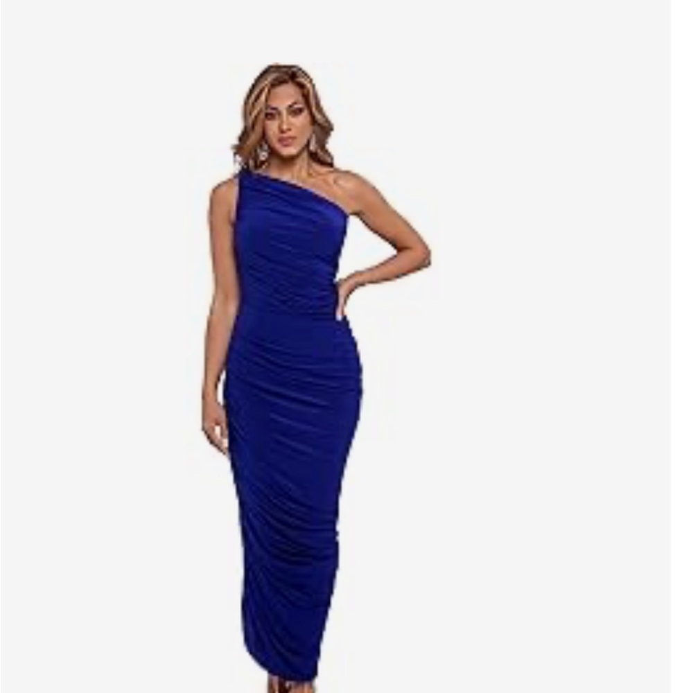 Betsy & Adam Blue Asymmetrical Ruched Cocktail Dress